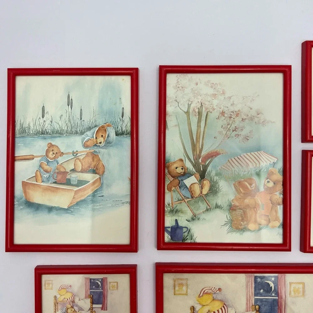 Vintage Teddy Bear Wall Art Red Signed Prints Set‎ of 7 Nursery Decor Paintings